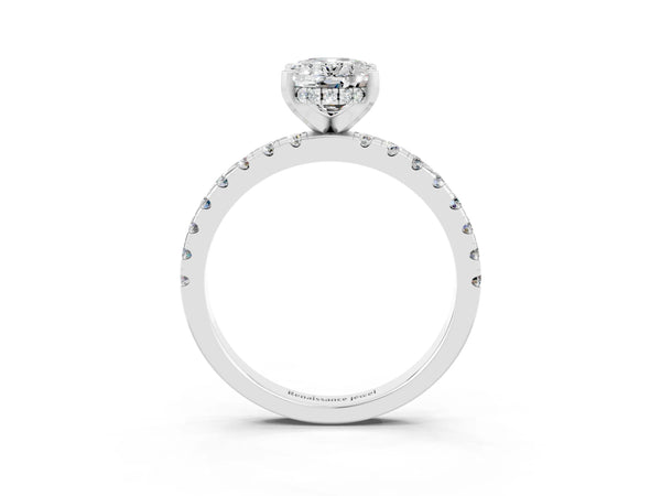 White gold Oval Cut Moissanite Solitaire Ring with Round Pavé Band and Four-Prong Setting