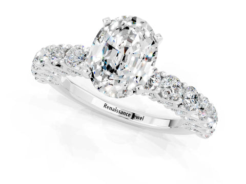 White gold Oval Cut Moissanite Solitaire Ring with Shared Prong Pavé Band and Four-Prong Setting_1