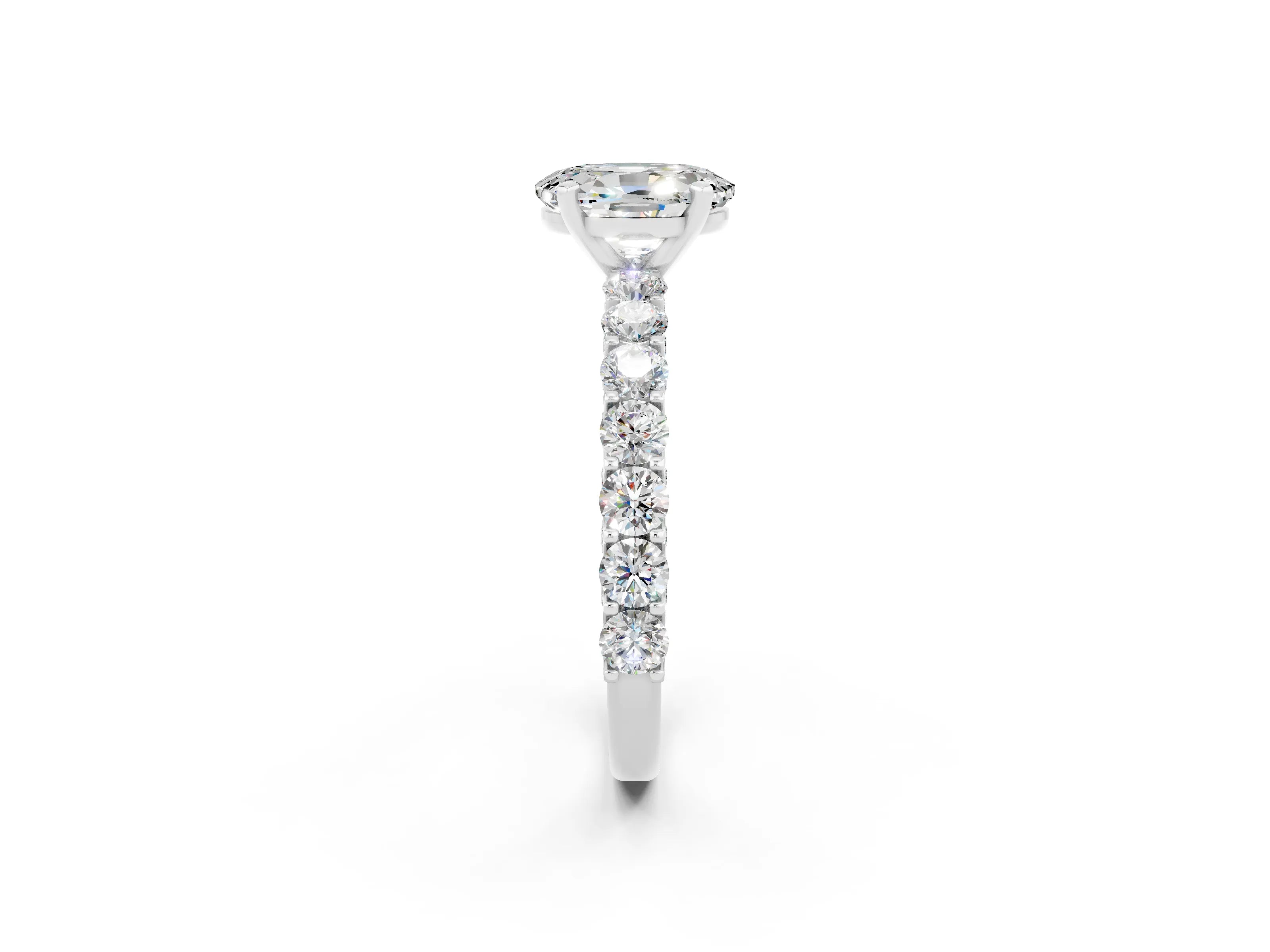 White gold Oval Cut Moissanite Solitaire Ring with Shared Prong Pavé Band and Four-Prong Setting_2