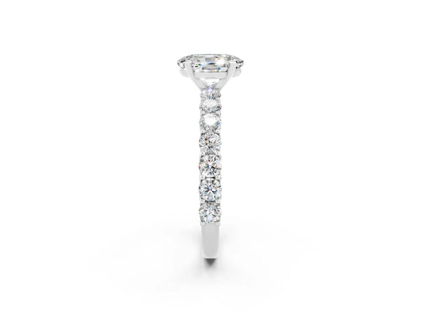 Silver Oval Cut Moissanite Solitaire Ring with Shared Prong Pavé Band and Four-Prong Setting
