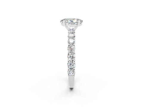 White gold Oval Cut Moissanite Solitaire Ring with Shared Prong Pavé Band and Four-Prong Setting_2