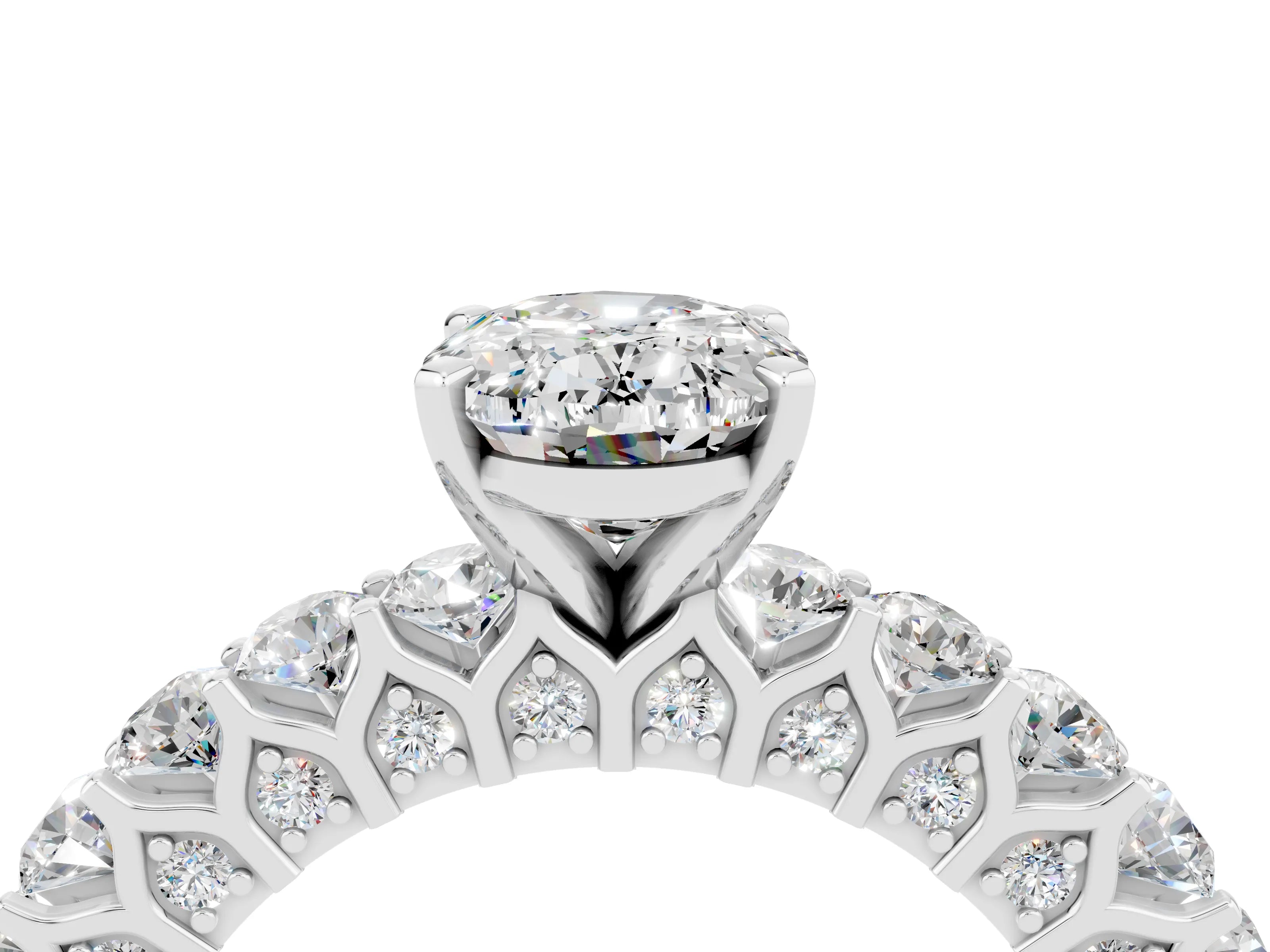 White gold Oval Cut Moissanite Solitaire Ring with Shared Prong Pavé Band and Four-Prong Setting_4
