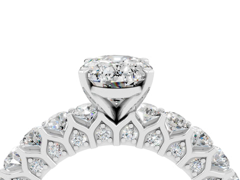 White gold Oval Cut Moissanite Solitaire Ring with Shared Prong Pavé Band and Four-Prong Setting_4