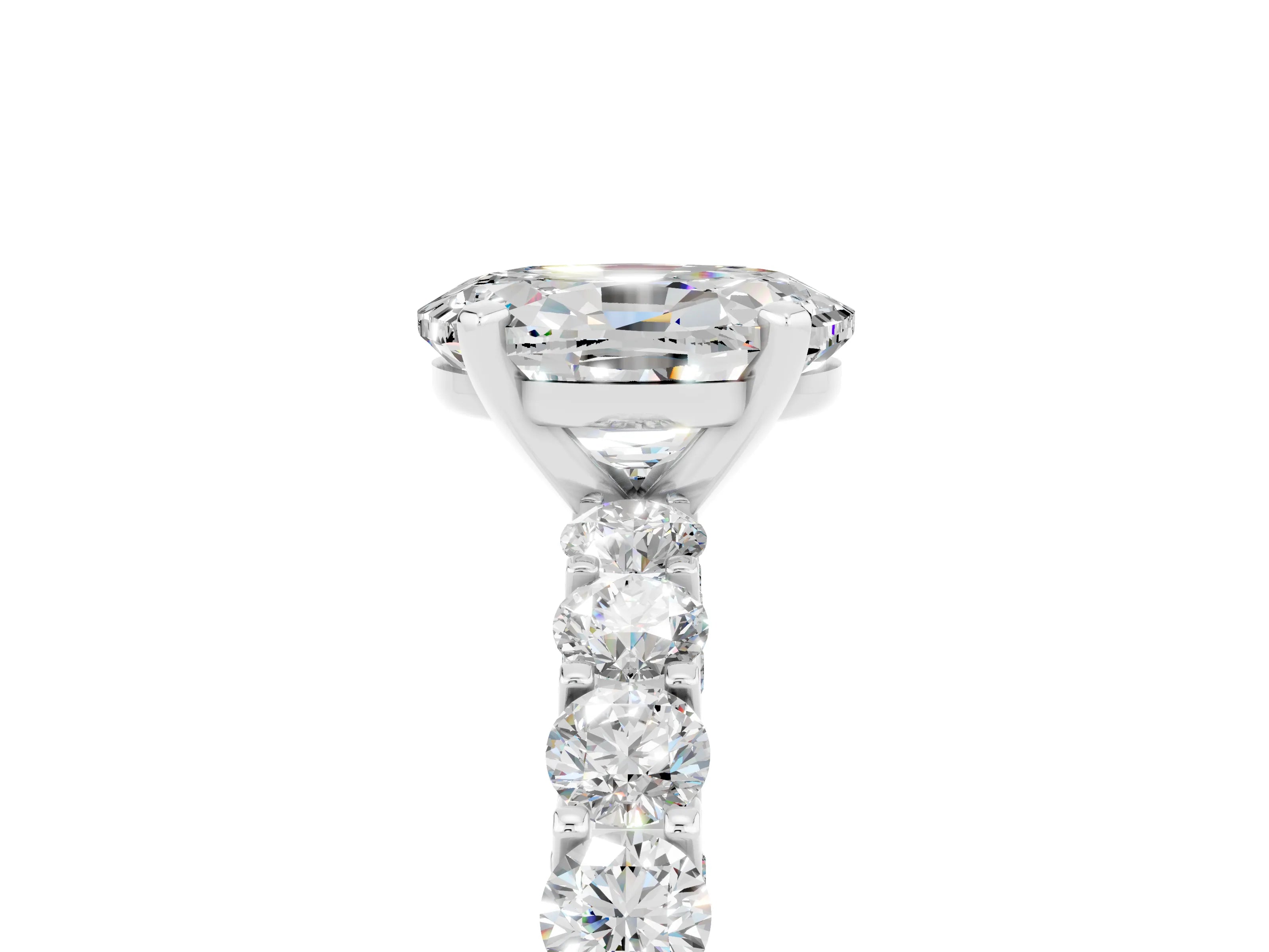 White gold Oval Cut Moissanite Solitaire Ring with Shared Prong Pavé Band and Four-Prong Setting_5