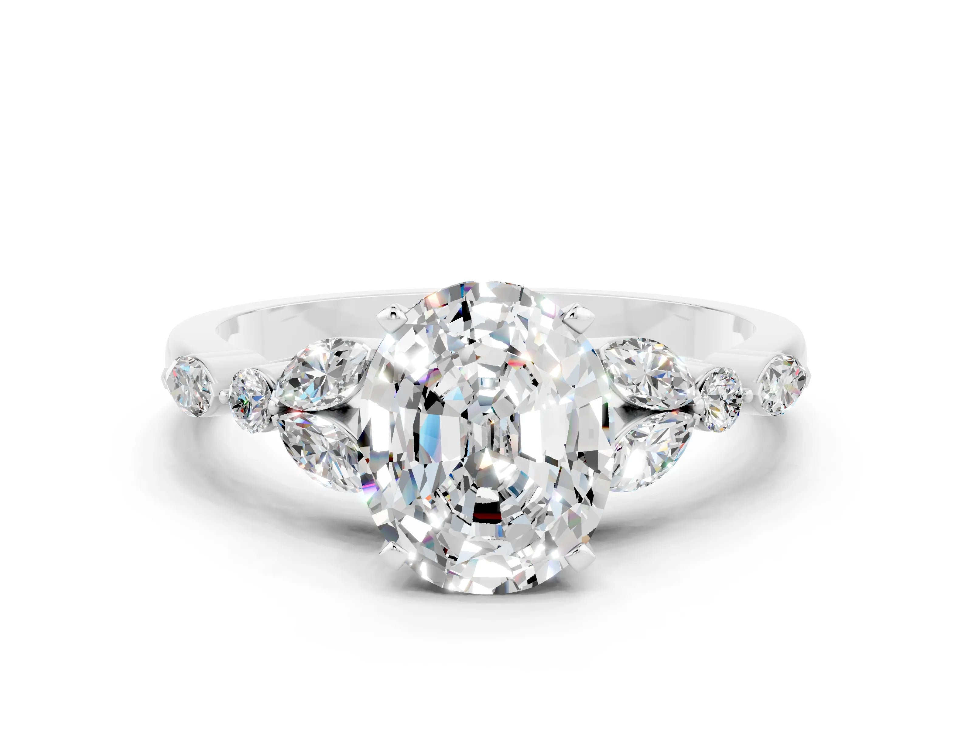 White gold Oval Cut Moissanite Solitaire Ring with Side Stones and Four-Prong Setting_42