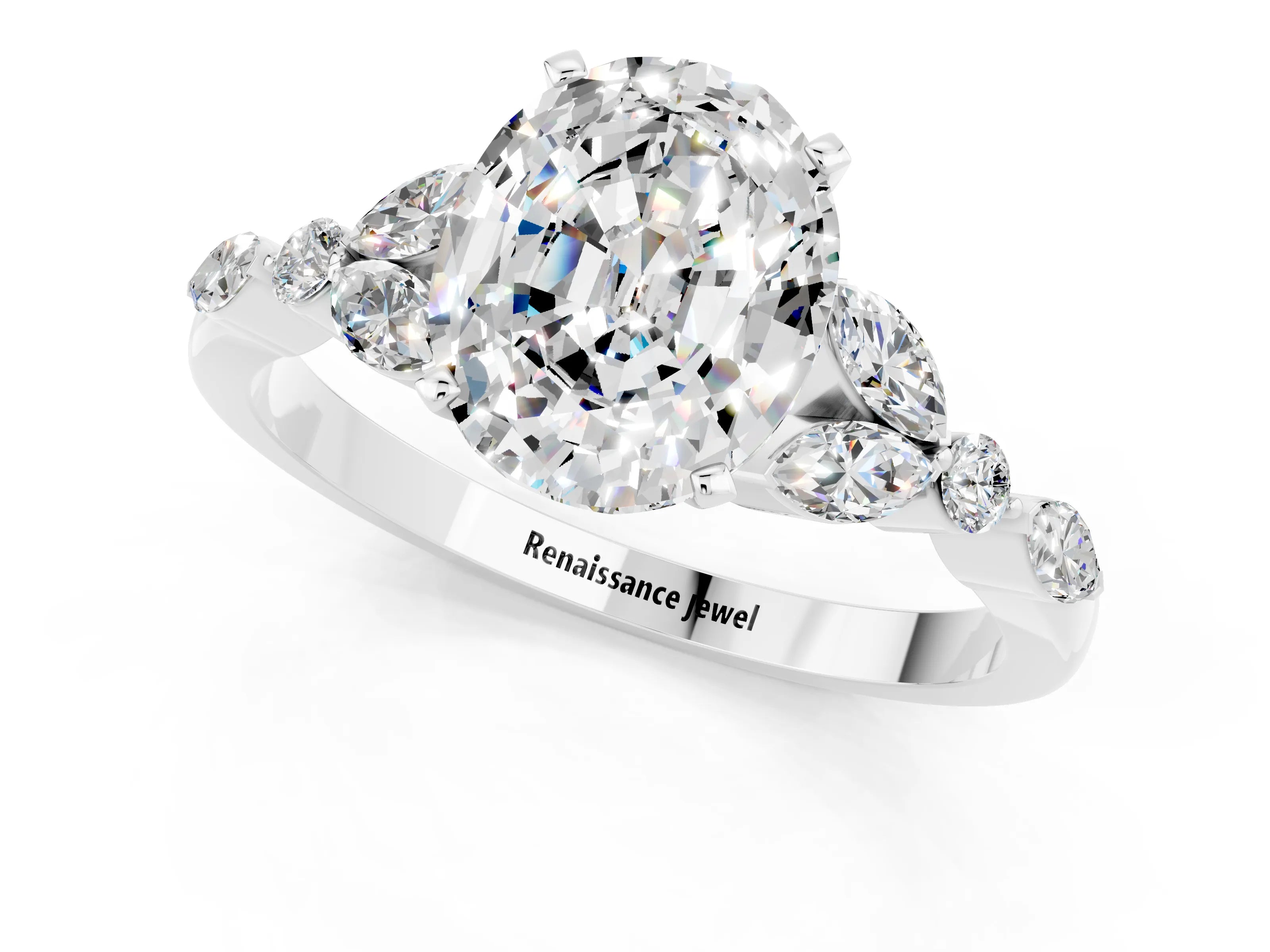 White gold Oval Cut Moissanite Solitaire Ring with Side Stones and Four-Prong Setting_43