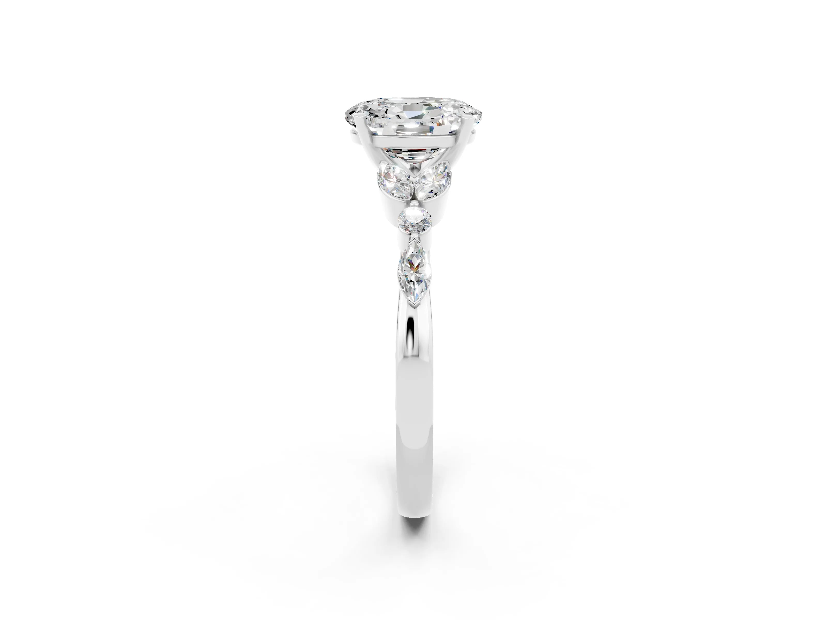 White gold Oval Cut Moissanite Solitaire Ring with Side Stones and Four-Prong Setting_44
