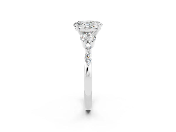 White gold Oval Cut Moissanite Solitaire Ring with Side Stones and Four-Prong Setting