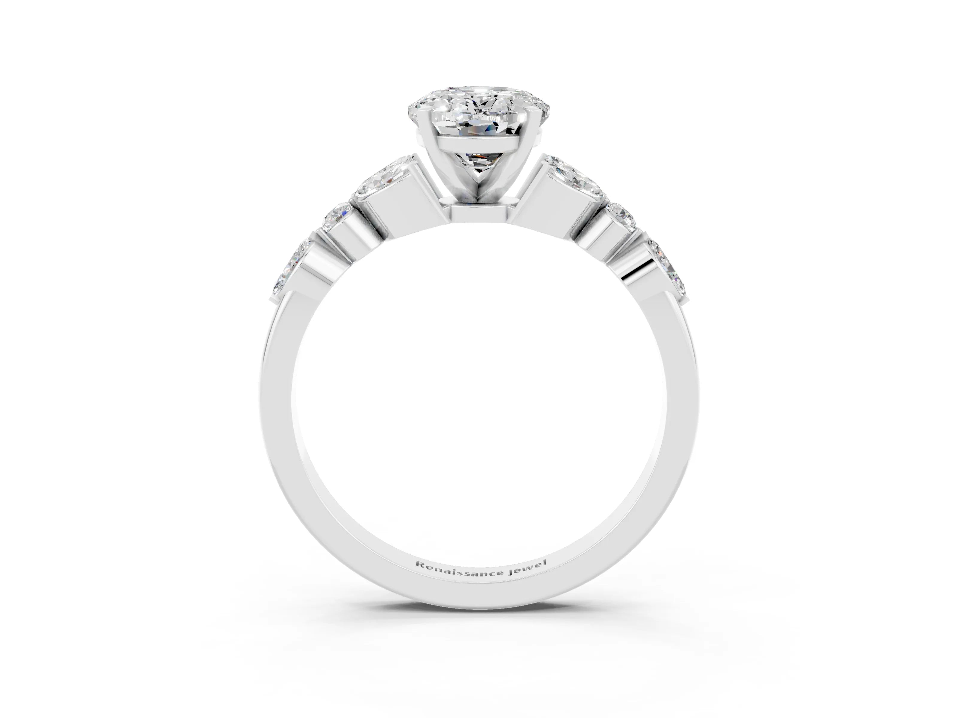 White gold Oval Cut Moissanite Solitaire Ring with Side Stones and Four-Prong Setting_45