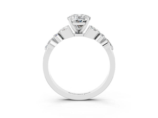 White gold Oval Cut Moissanite Solitaire Ring with Side Stones and Four-Prong Setting