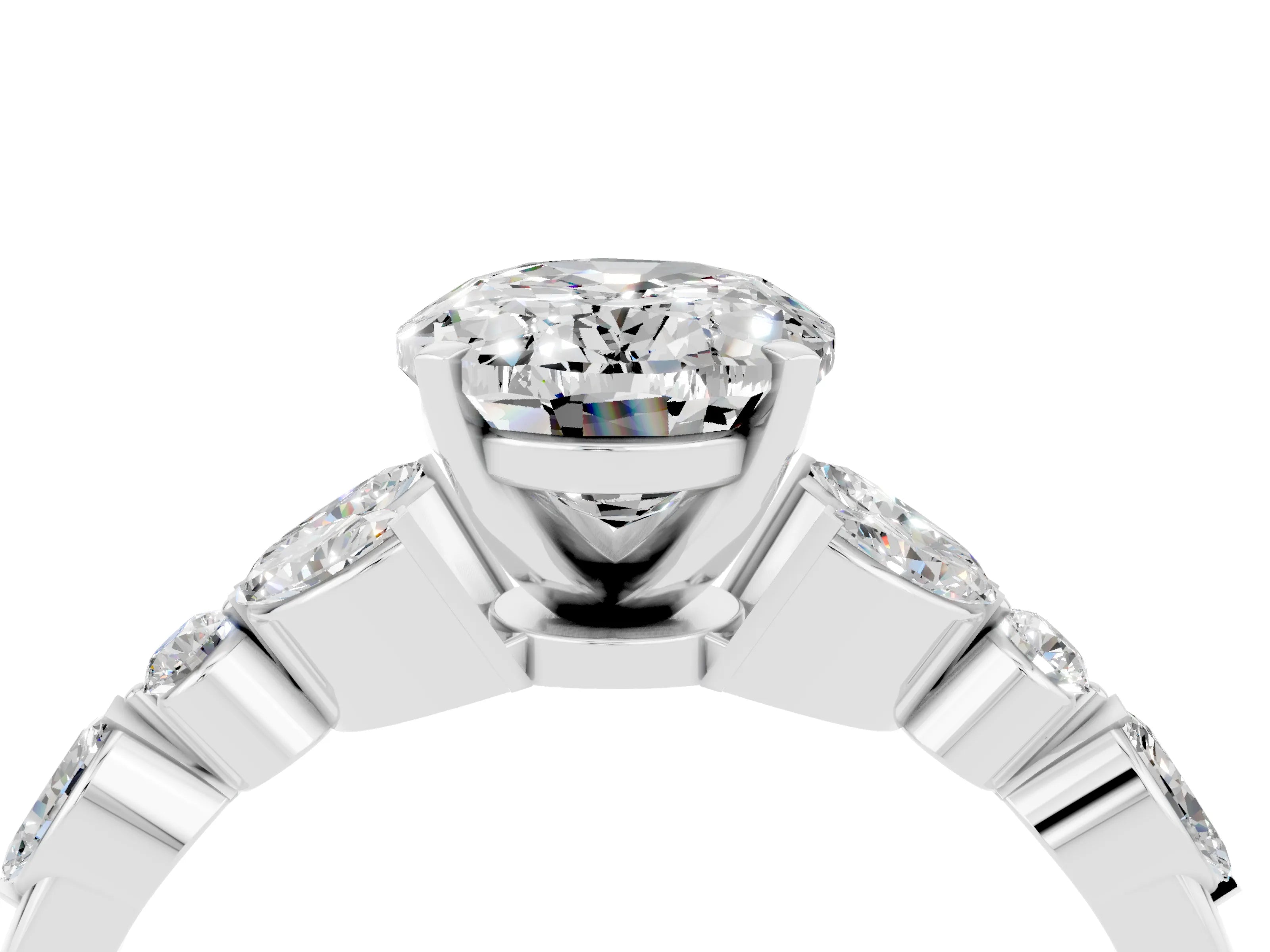 White gold Oval Cut Moissanite Solitaire Ring with Side Stones and Four-Prong Setting_46
