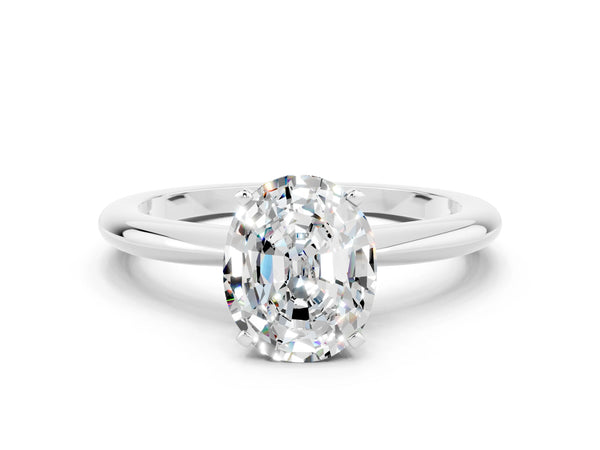 Platinum Oval Cut Moissanite Solitaire Ring with Six-Prong Setting and Classic Band