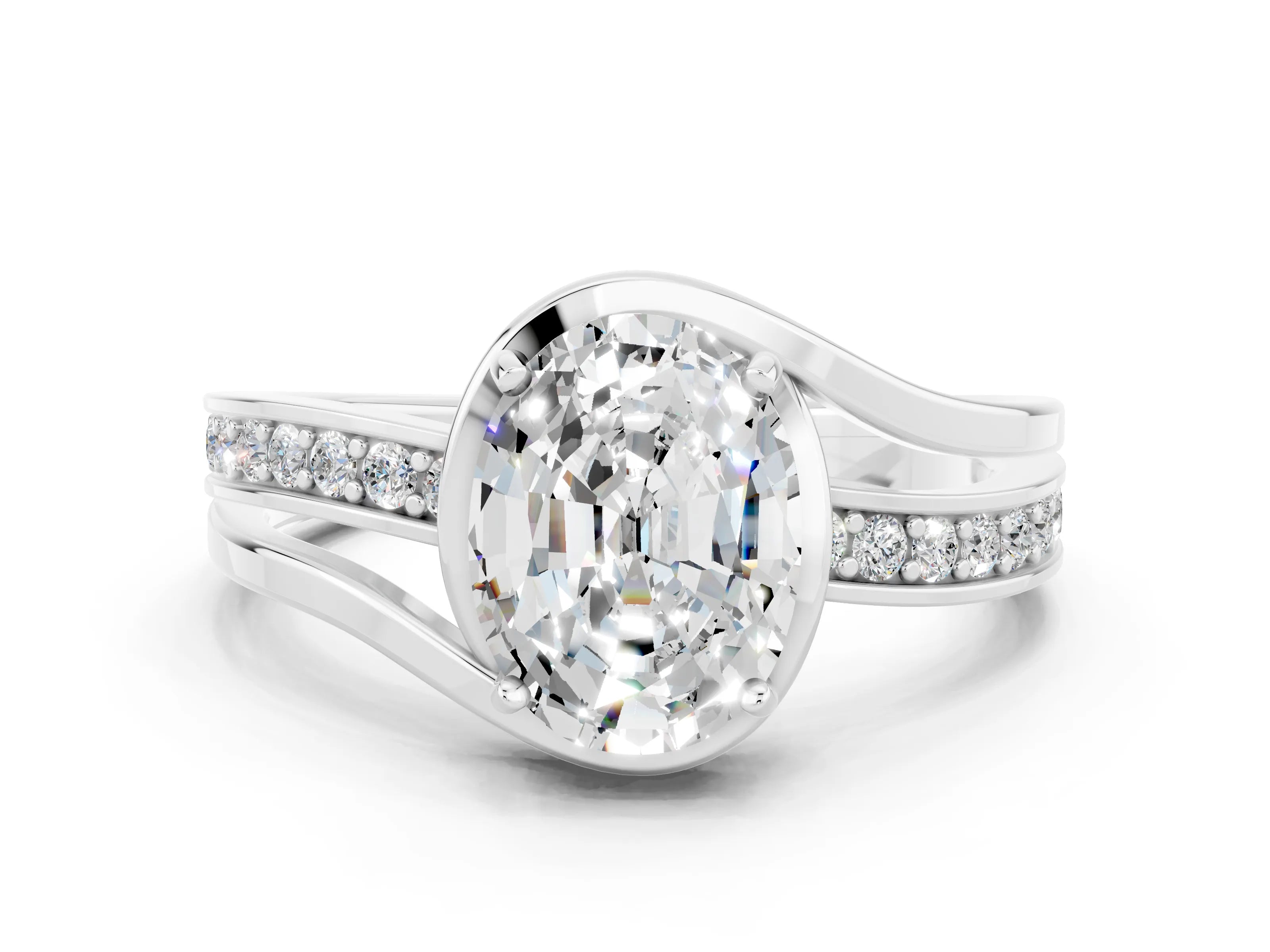 White gold Oval Cut Moissanite Solitaire Ring with Split Shank and Prong Setting