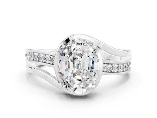 Silver Oval Cut Moissanite Solitaire Ring with Split Shank and Prong Setting