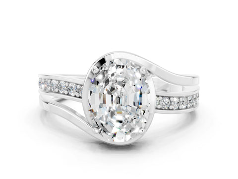 White gold Oval Cut Moissanite Solitaire Ring with Split Shank and Prong Setting