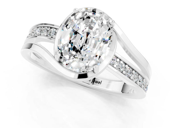 White gold Oval Cut Moissanite Solitaire Ring with Split Shank and Prong Setting