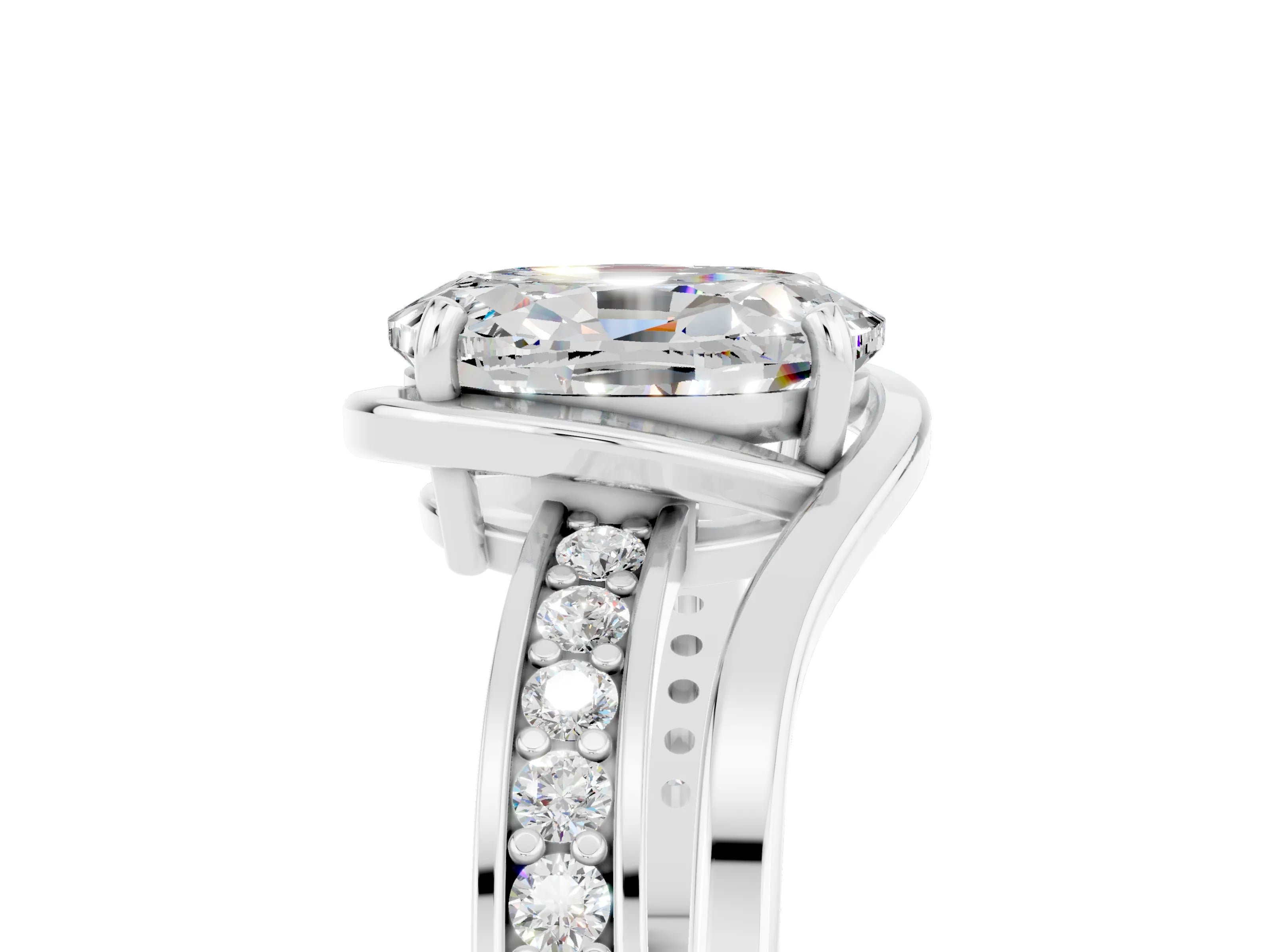 White gold Oval Cut Moissanite Solitaire Ring with Split Shank and Prong Setting_5