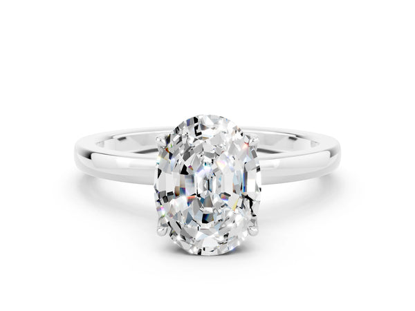 Platinum Oval Cut Moissanite Solitaire Ring with Thin Band and Prong Setting