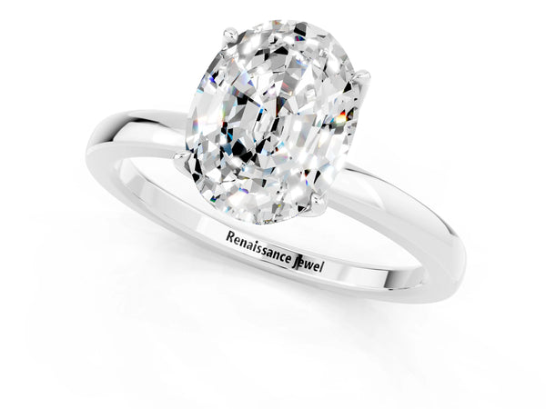 Platinum Oval Cut Moissanite Solitaire Ring with Thin Band and Prong Setting