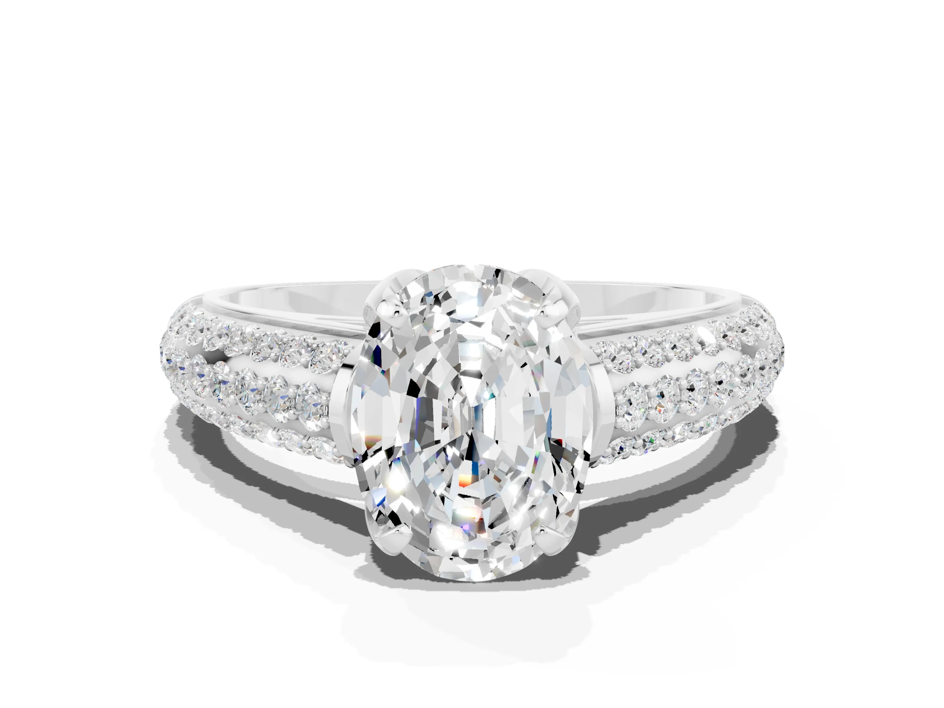 White gold Oval Cut Moissanite Solitaire Ring with Three-Row Pavé Band and Four-Prong Setting_12