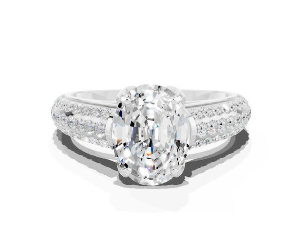 White gold Oval Cut Moissanite Solitaire Ring with Three-Row Pavé Band and Four-Prong Setting