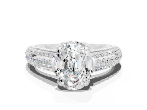 White gold Oval Cut Moissanite Solitaire Ring with Three-Row Pavé Band and Four-Prong Setting_12