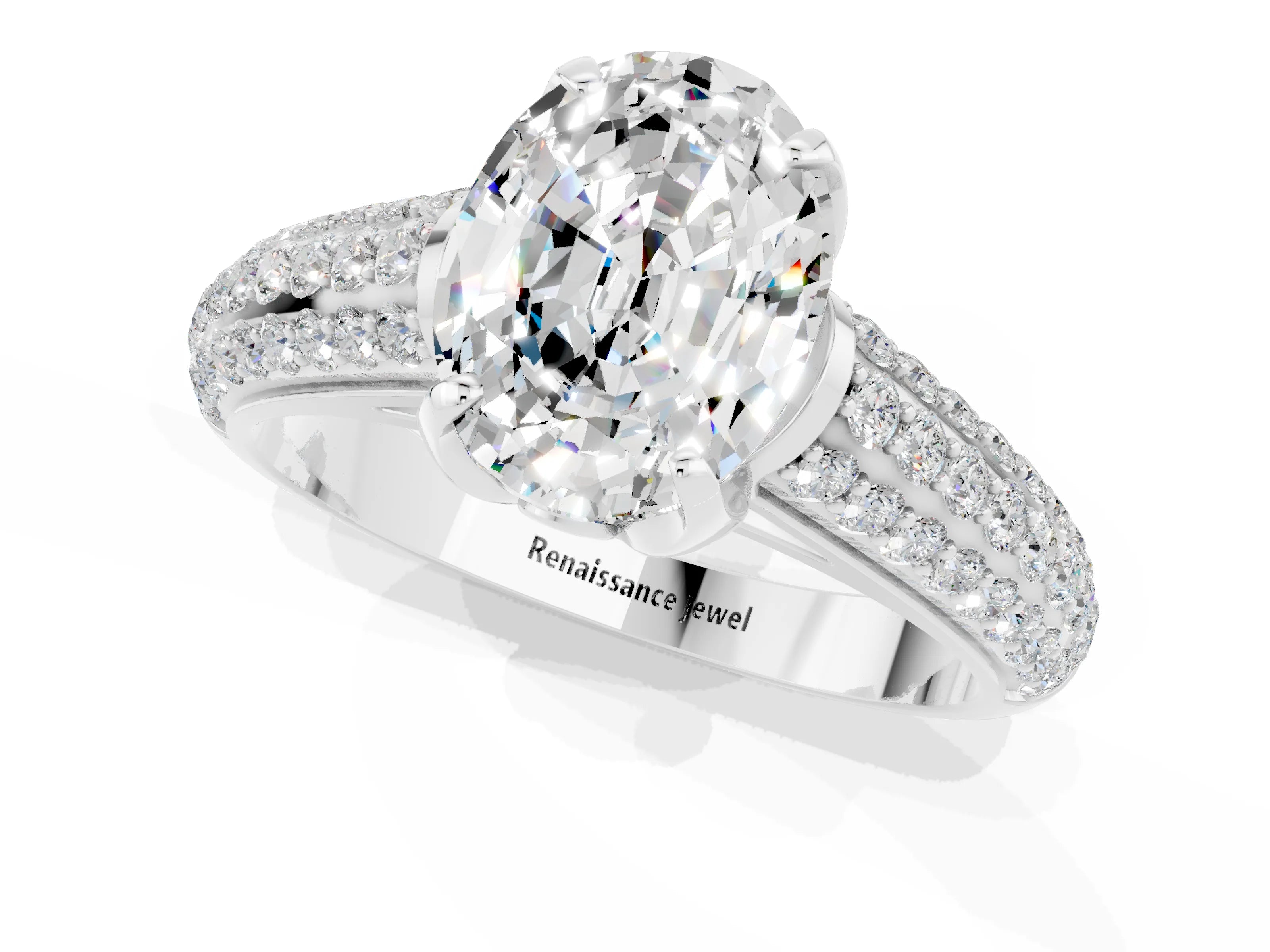 White gold Oval Cut Moissanite Solitaire Ring with Three-Row Pavé Band and Four-Prong Setting_13