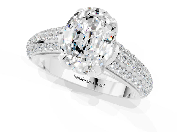 Silver Oval Cut Moissanite Solitaire Ring with Three-Row Pavé Band and Four-Prong Setting