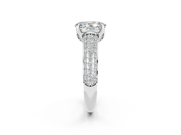 Platinum Oval Cut Moissanite Solitaire Ring with Three-Row Pavé Band and Four-Prong Setting
