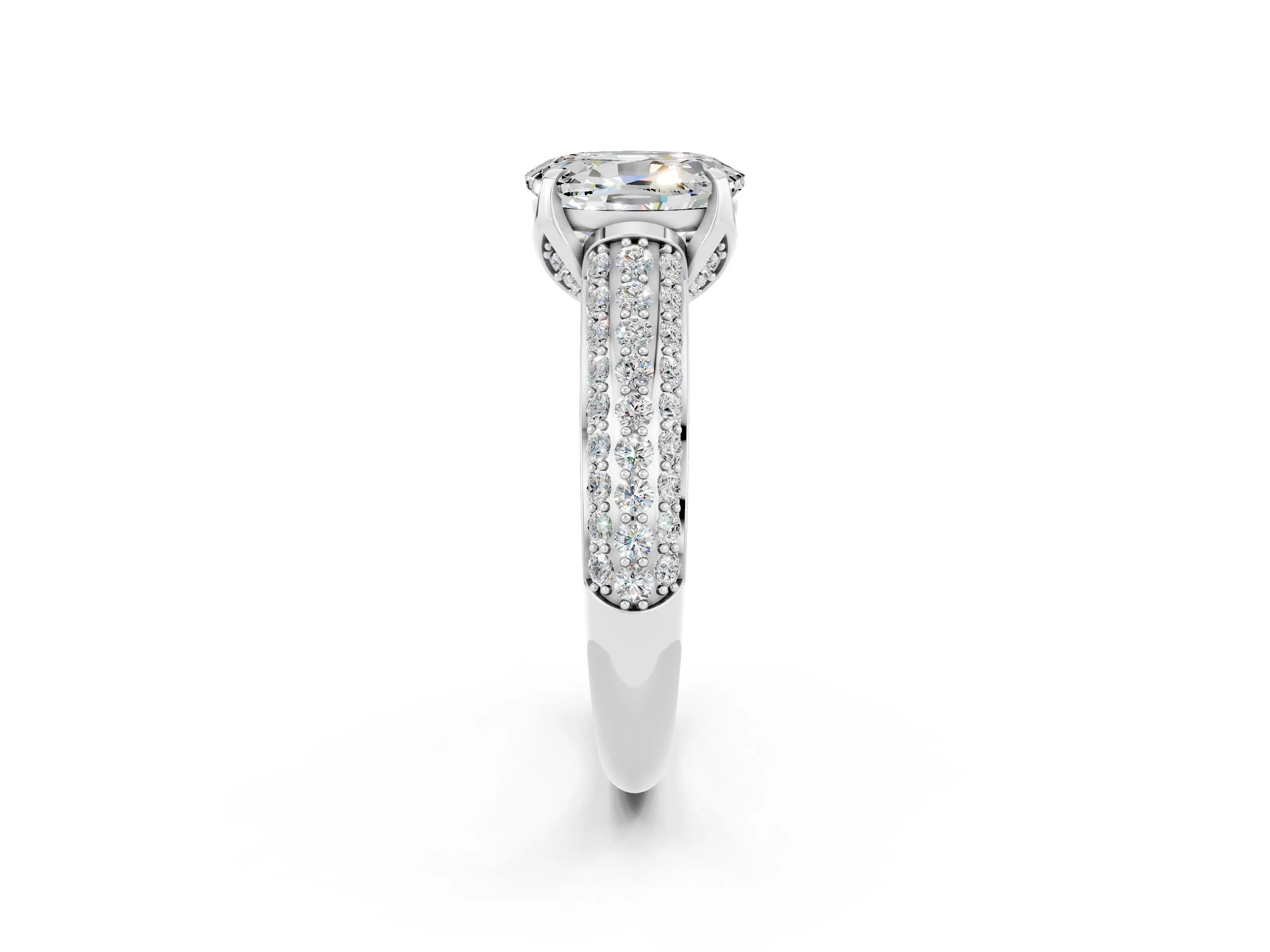 White gold Oval Cut Moissanite Solitaire Ring with Three-Row Pavé Band and Four-Prong Setting_14