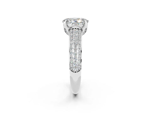 White gold Oval Cut Moissanite Solitaire Ring with Three-Row Pavé Band and Four-Prong Setting_14