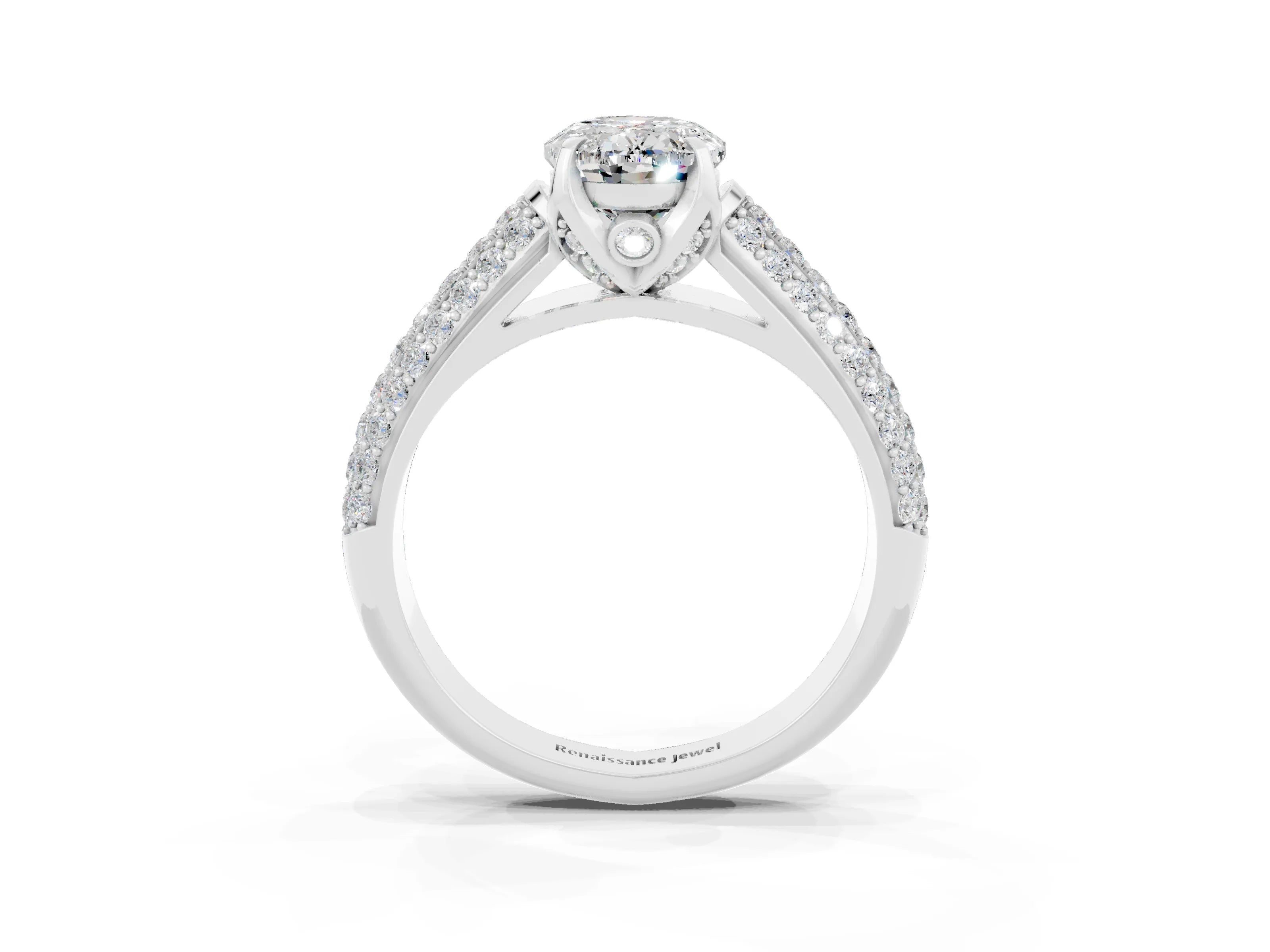 White gold Oval Cut Moissanite Solitaire Ring with Three-Row Pavé Band and Four-Prong Setting_15