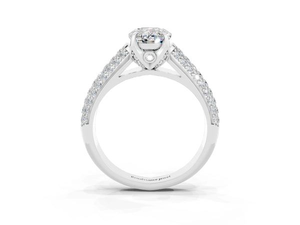 Silver Oval Cut Moissanite Solitaire Ring with Three-Row Pavé Band and Four-Prong Setting