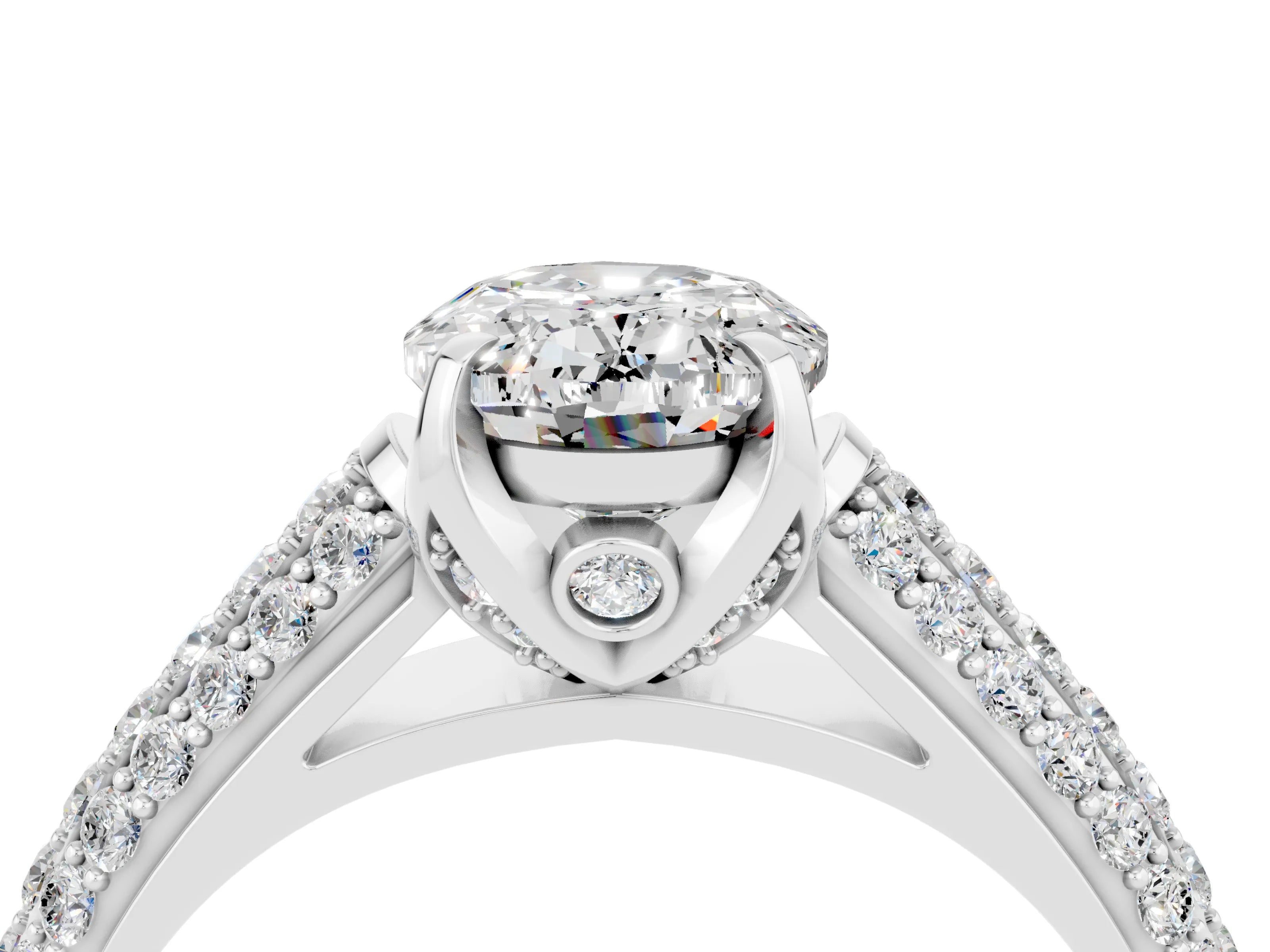 White gold Oval Cut Moissanite Solitaire Ring with Three-Row Pavé Band and Four-Prong Setting_16