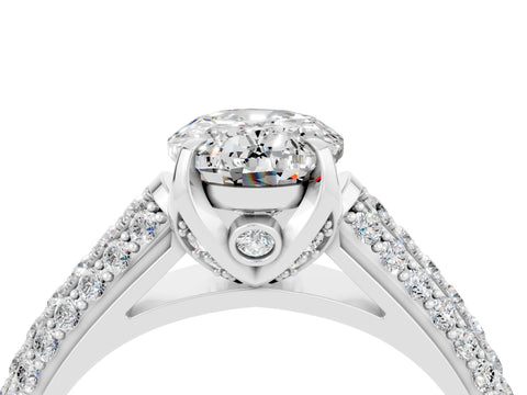 White gold Oval Cut Moissanite Solitaire Ring with Three-Row Pavé Band and Four-Prong Setting_16