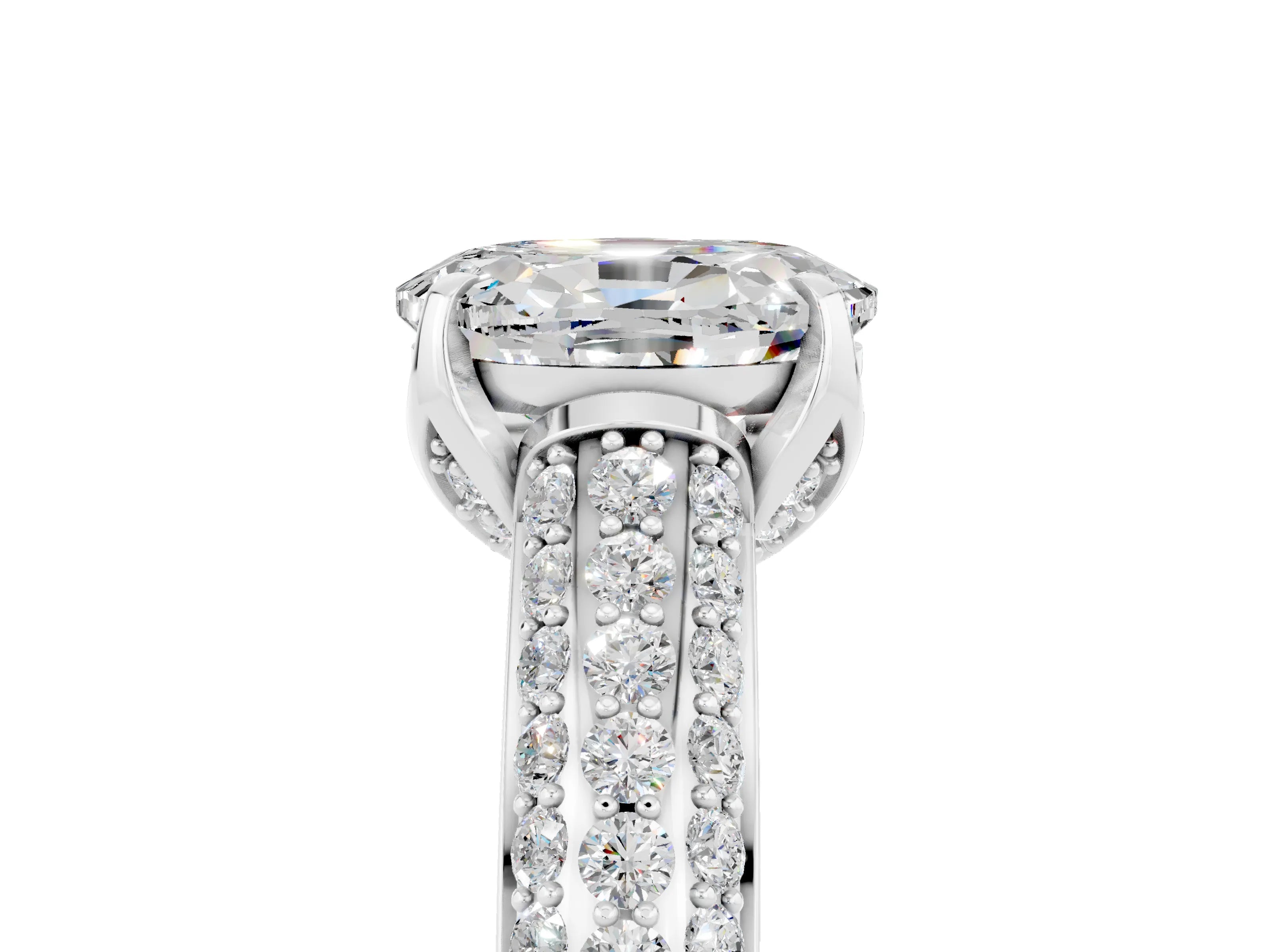 White gold Oval Cut Moissanite Solitaire Ring with Three-Row Pavé Band and Four-Prong Setting_17