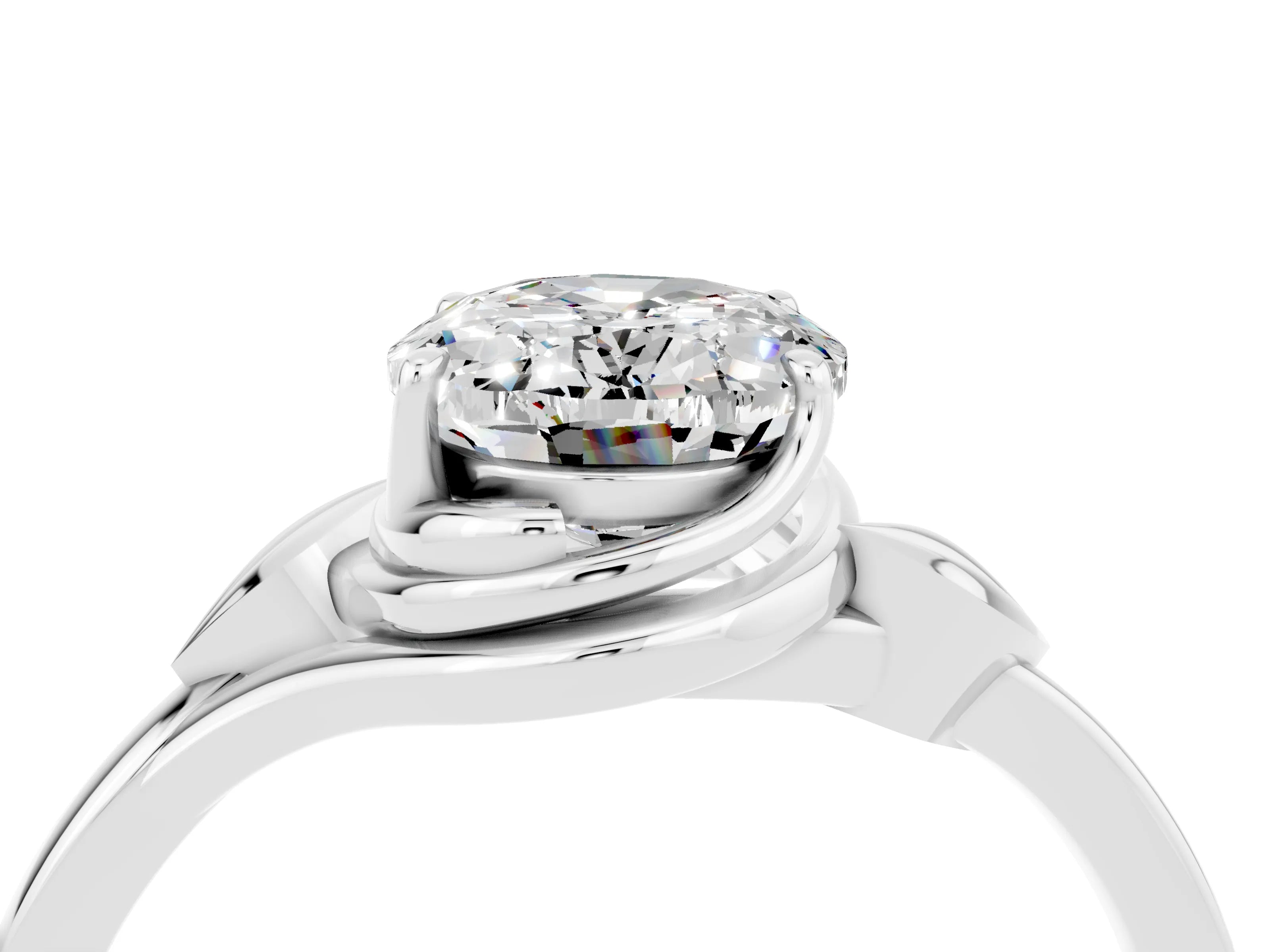 White gold Oval Cut Moissanite Solitaire Ring with Twist Band and Four-Prong Setting_16