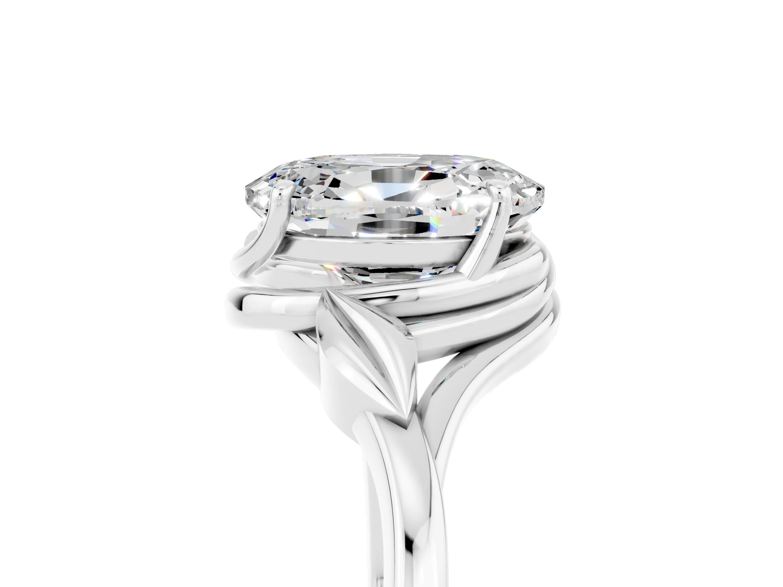 White gold Oval Cut Moissanite Solitaire Ring with Twist Band and Four-Prong Setting_17