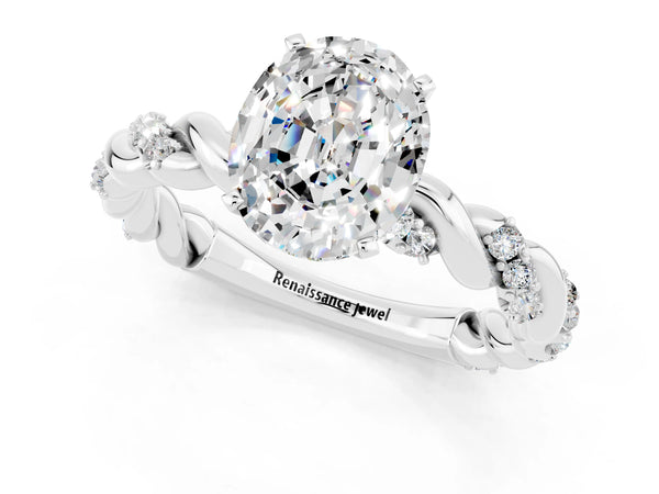 Platinum Oval Cut Moissanite Solitaire Ring with Twisted Band and Pavé Accents