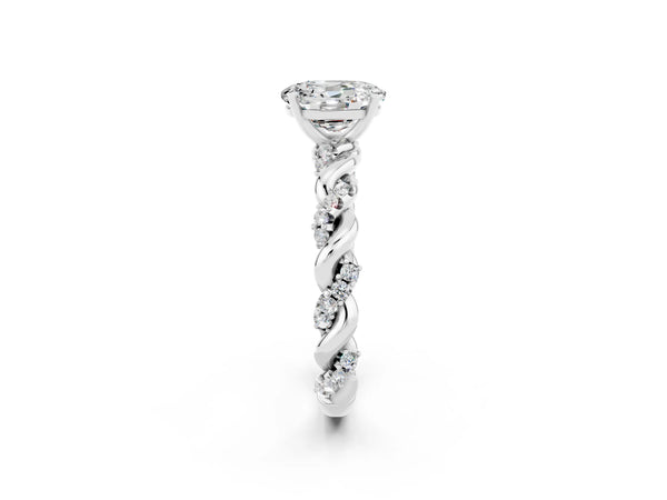 Platinum Oval Cut Moissanite Solitaire Ring with Twisted Band and Pavé Accents