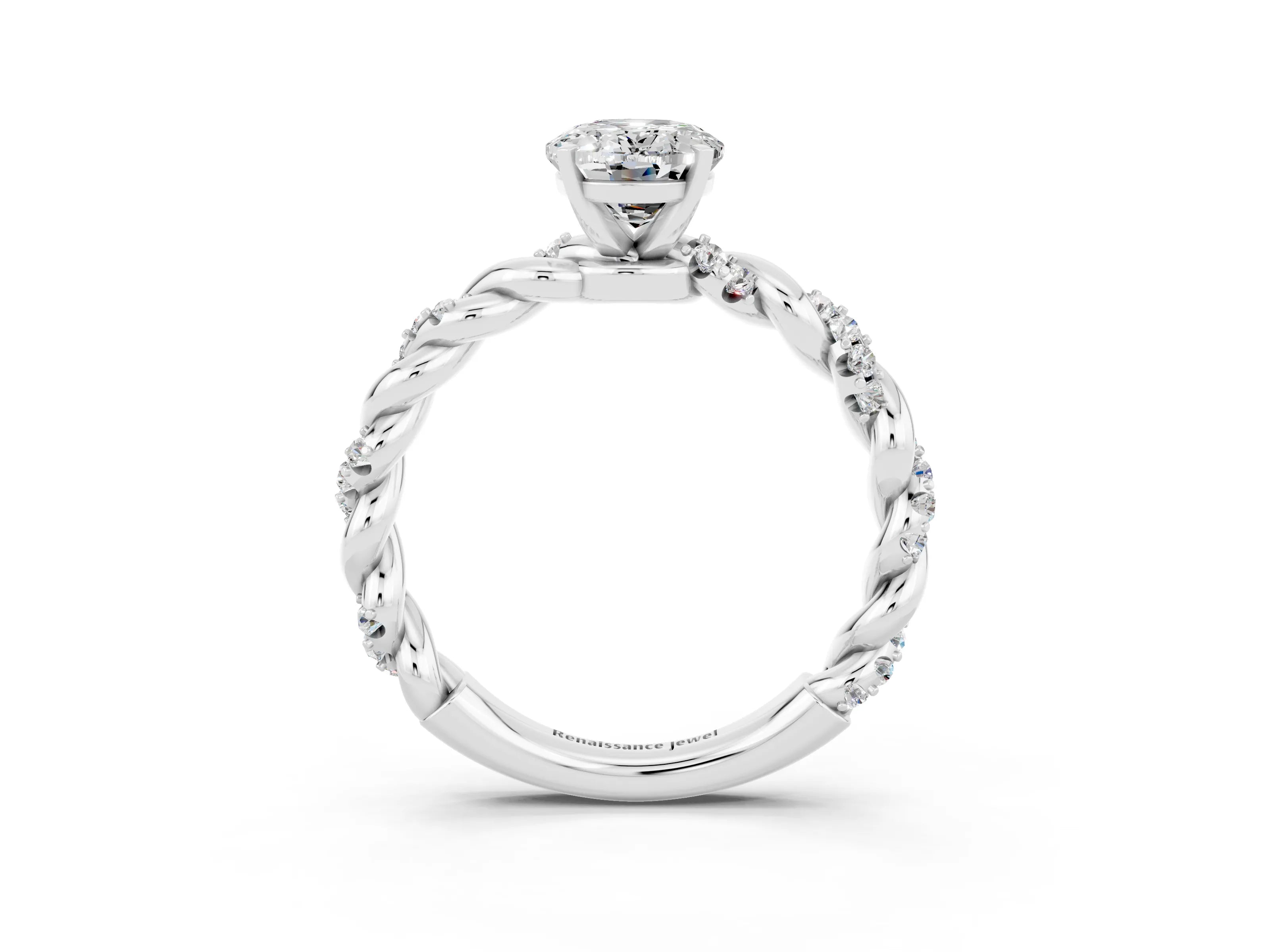 White gold Oval Cut Moissanite Solitaire Ring with Twisted Band and Pavé Accents_3