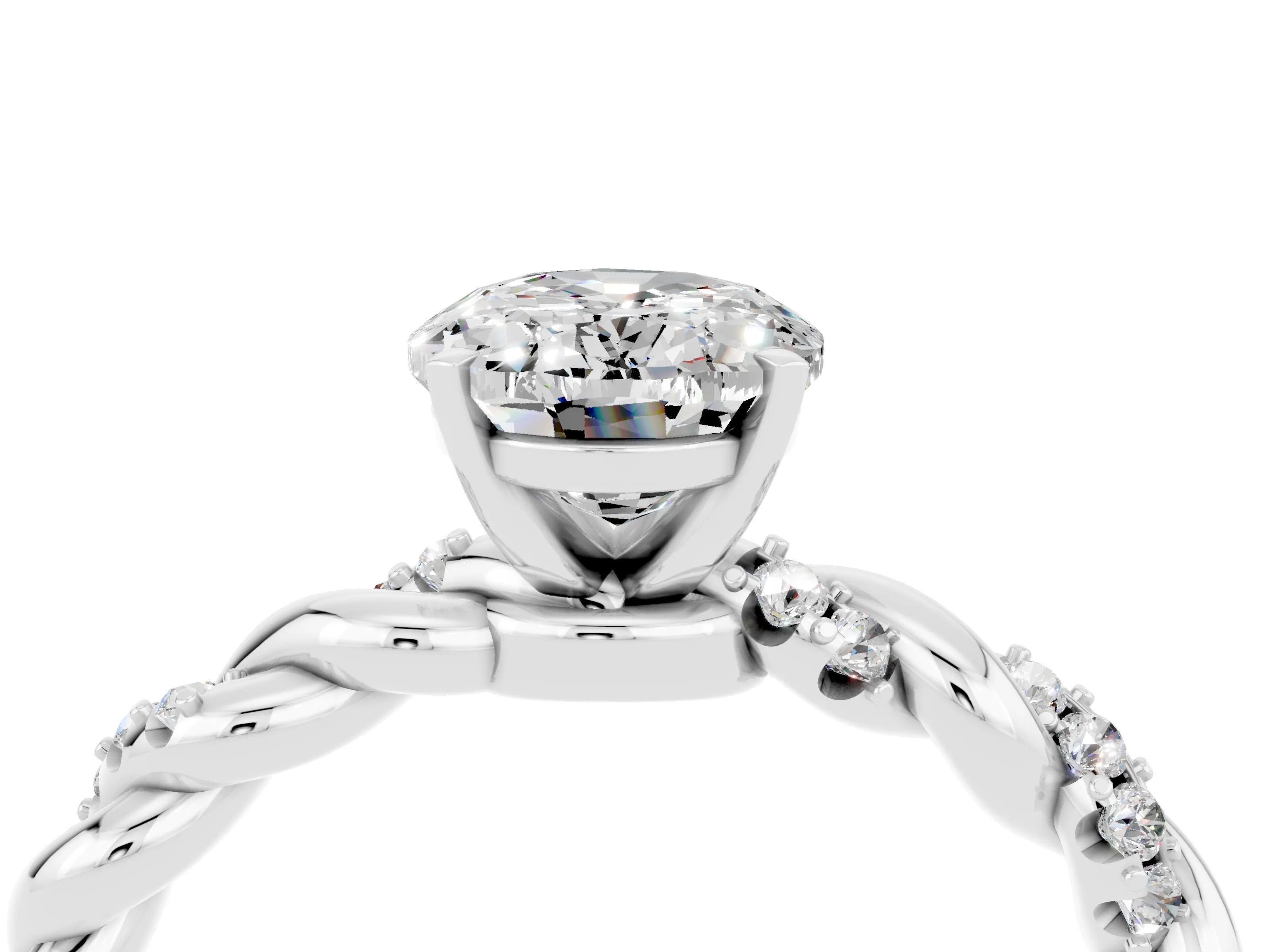 White gold Oval Cut Moissanite Solitaire Ring with Twisted Band and Pavé Accents_4