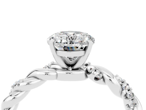 White gold Oval Cut Moissanite Solitaire Ring with Twisted Band and Pavé Accents_4