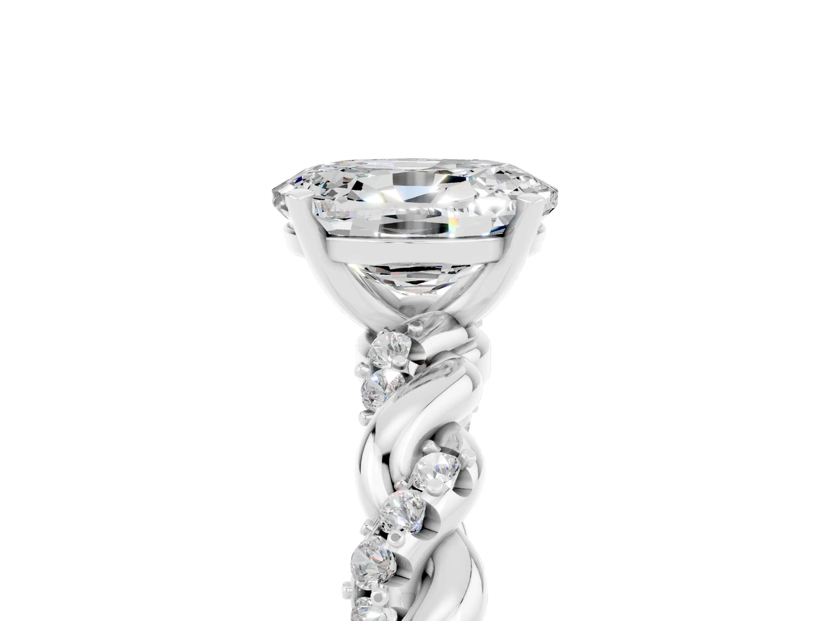 White gold Oval Cut Moissanite Solitaire Ring with Twisted Band and Pavé Accents_5
