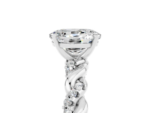 White gold Oval Cut Moissanite Solitaire Ring with Twisted Band and Pavé Accents_5