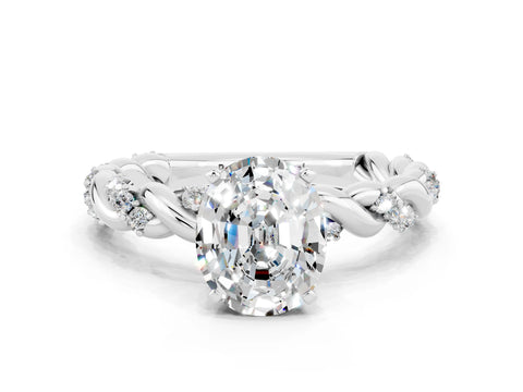 White gold Oval Cut Moissanite Solitaire Ring with Twisted Band and Pavé Accents