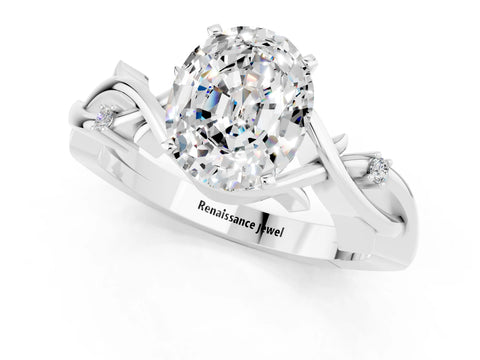 White gold Oval Cut Moissanite Solitaire Ring with Twisted Band and Prong Setting_13