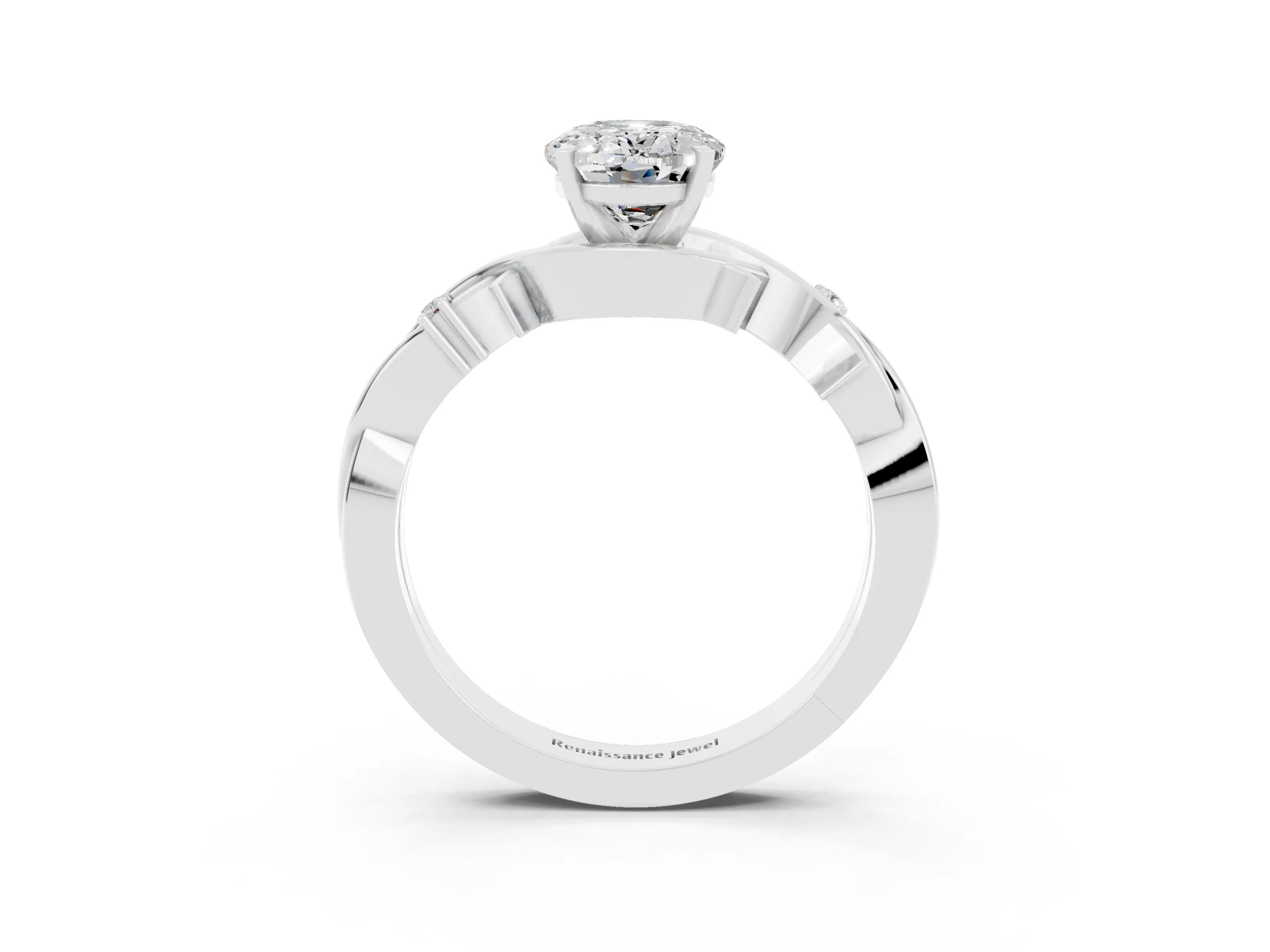 White gold Oval Cut Moissanite Solitaire Ring with Twisted Band and Prong Setting_15