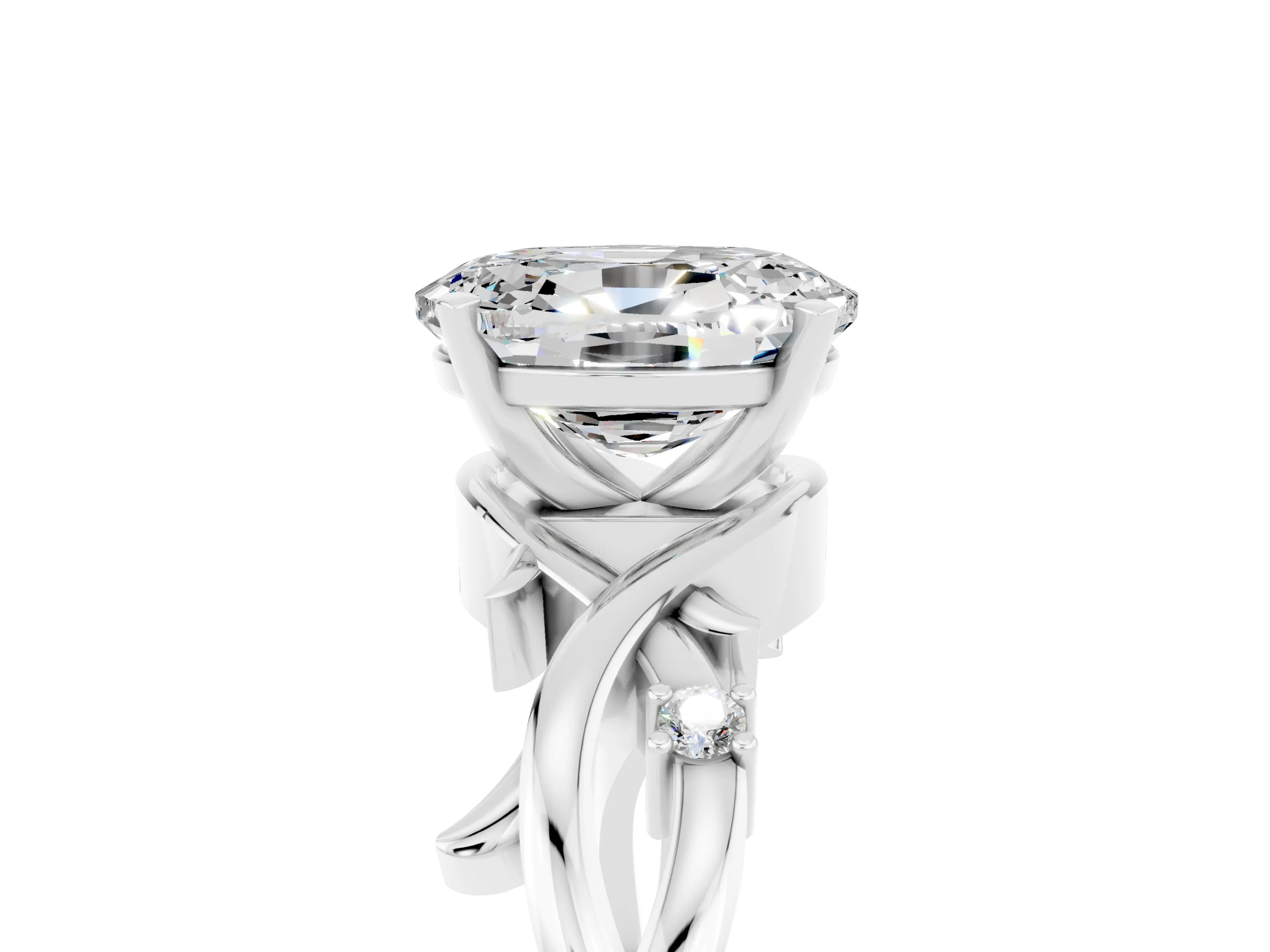 White gold Oval Cut Moissanite Solitaire Ring with Twisted Band and Prong Setting_17