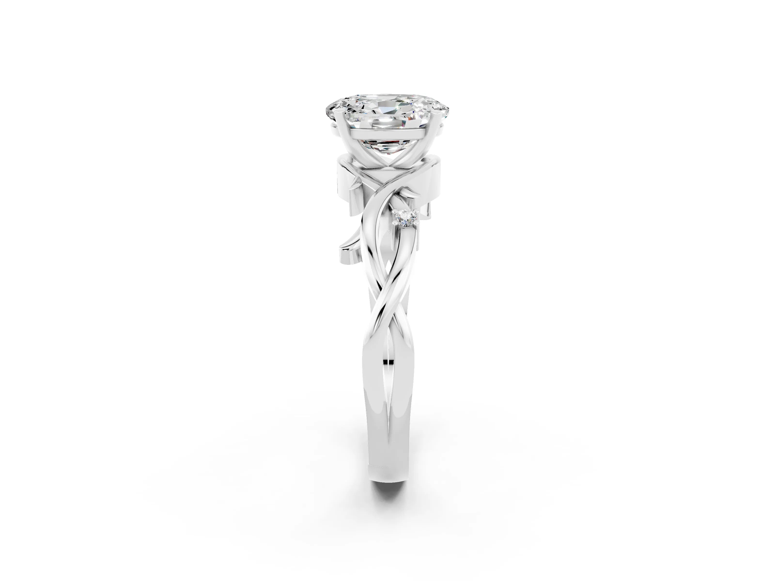 White gold Oval Cut Moissanite Solitaire Ring with Twisted Band and Prong Setting_2